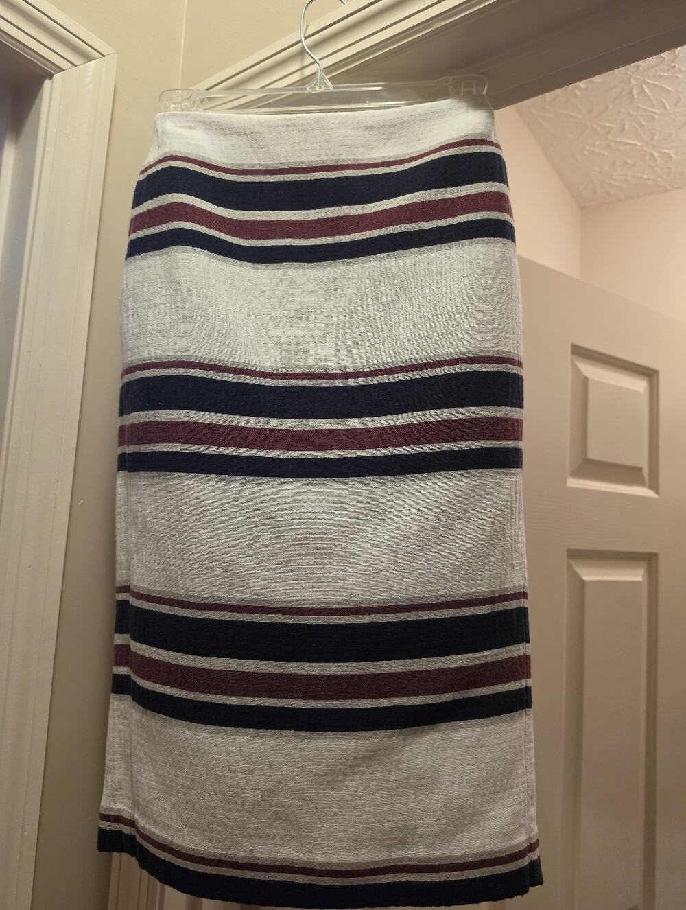 Express White Midi Skirt with Navy and Burgundy Stripes